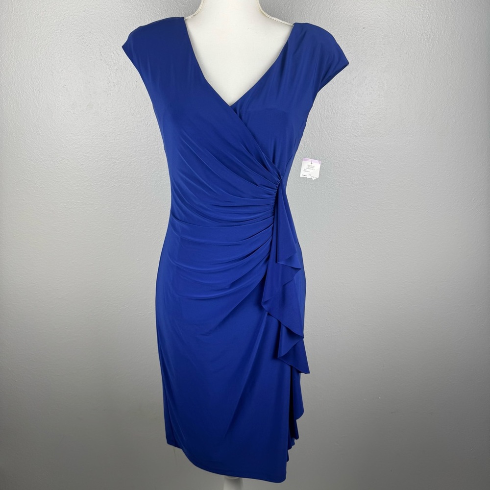 Black Label By Evan Picone Sz 6 Blue Dress Cascade Ruffle Stretch Jersey Sheath